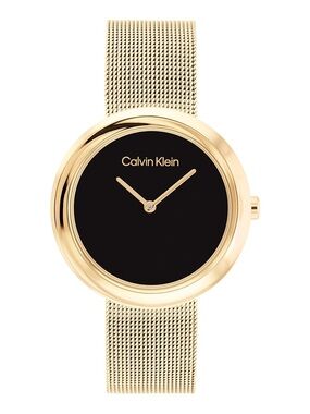 $170 Calvin Klein Twisted Bezel Black Dial Gold-Tone Mesh Bracelet Watch NEW